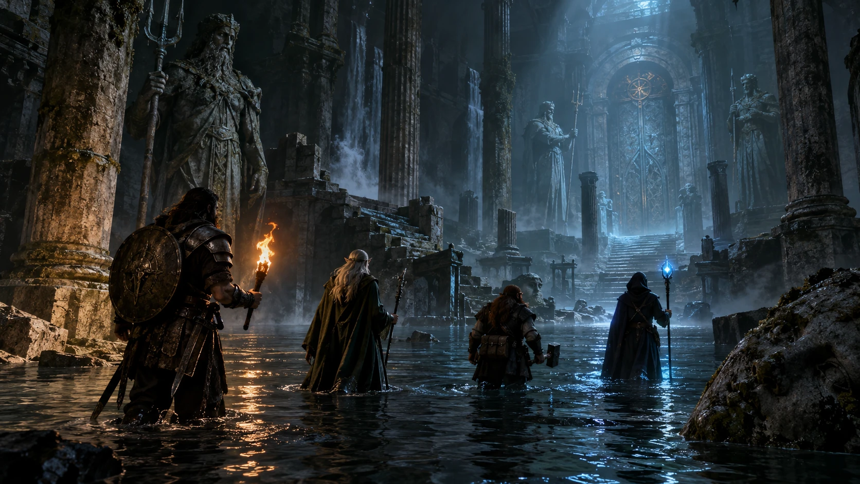 A party wading through a torchlit flooded hall